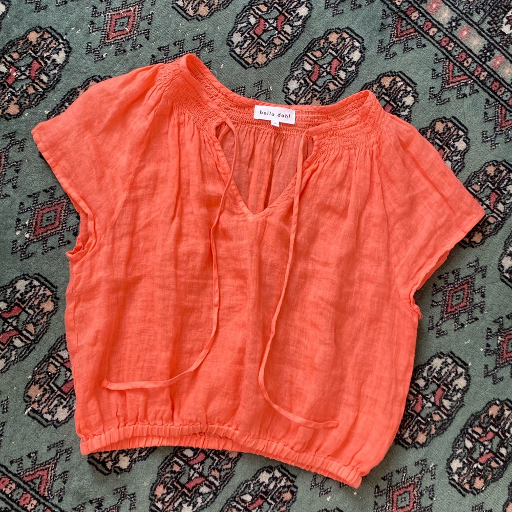 Bella Dahl linen boho peasant coral blouse